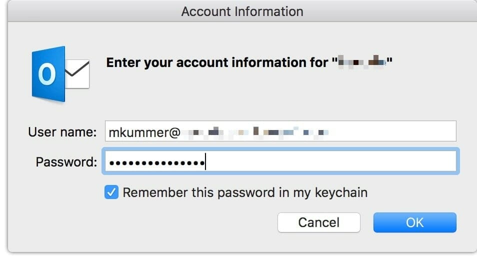outlook mac 2011 make it prompt for password